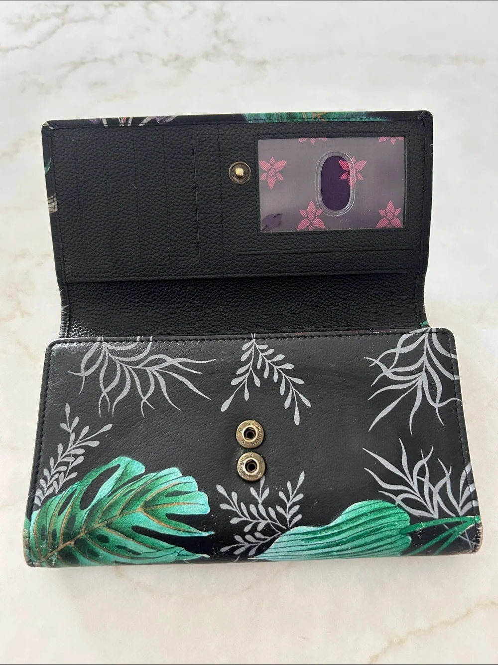 Anuschka Hand Painted Leather Trifold Wallet Jungle Queen Leopard - Excellent!